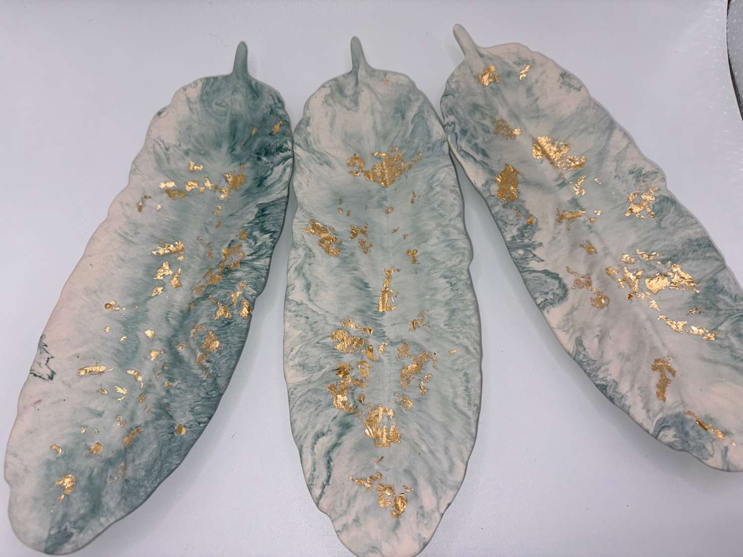 Feather Ornament, Zen Green Marble & Gold Leaf Jesmonite, Sculptural Shelf Decor Feather Ornament, Zen Green Marble & Gold Leaf Jesmonite, Sculptural Shelf Decor