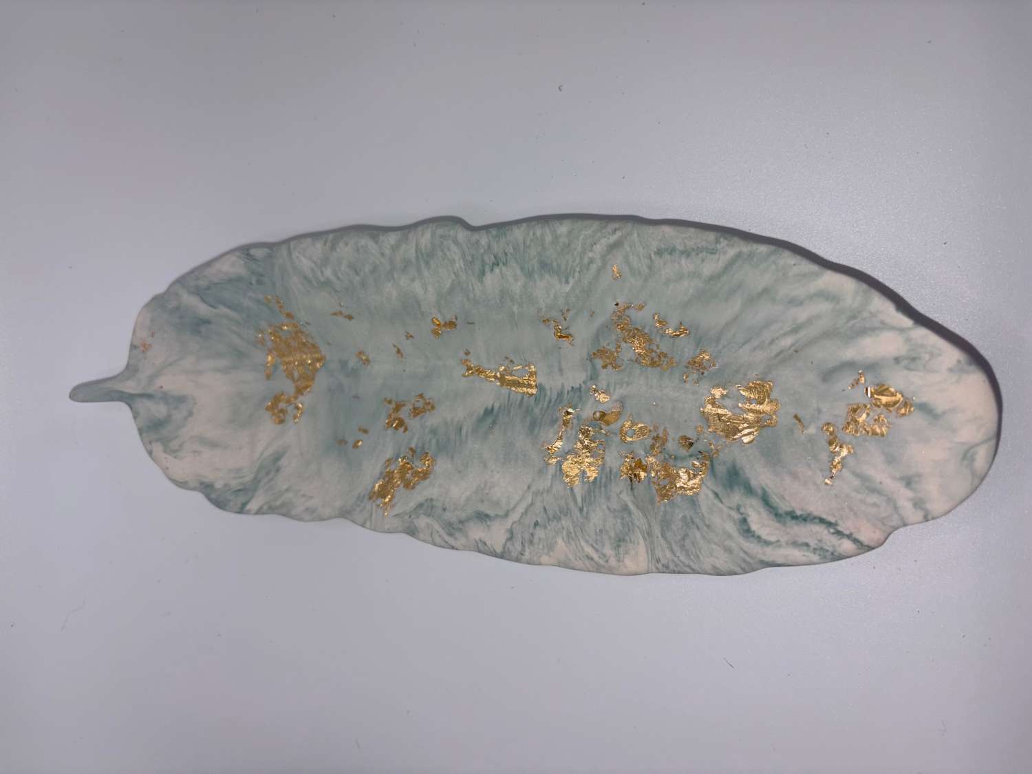 Feather Ornament, Zen Green Marble & Gold Leaf Jesmonite, Sculptural Shelf Decor Feather Ornament, Zen Green Marble & Gold Leaf Jesmonite, Sculptural Shelf Decor