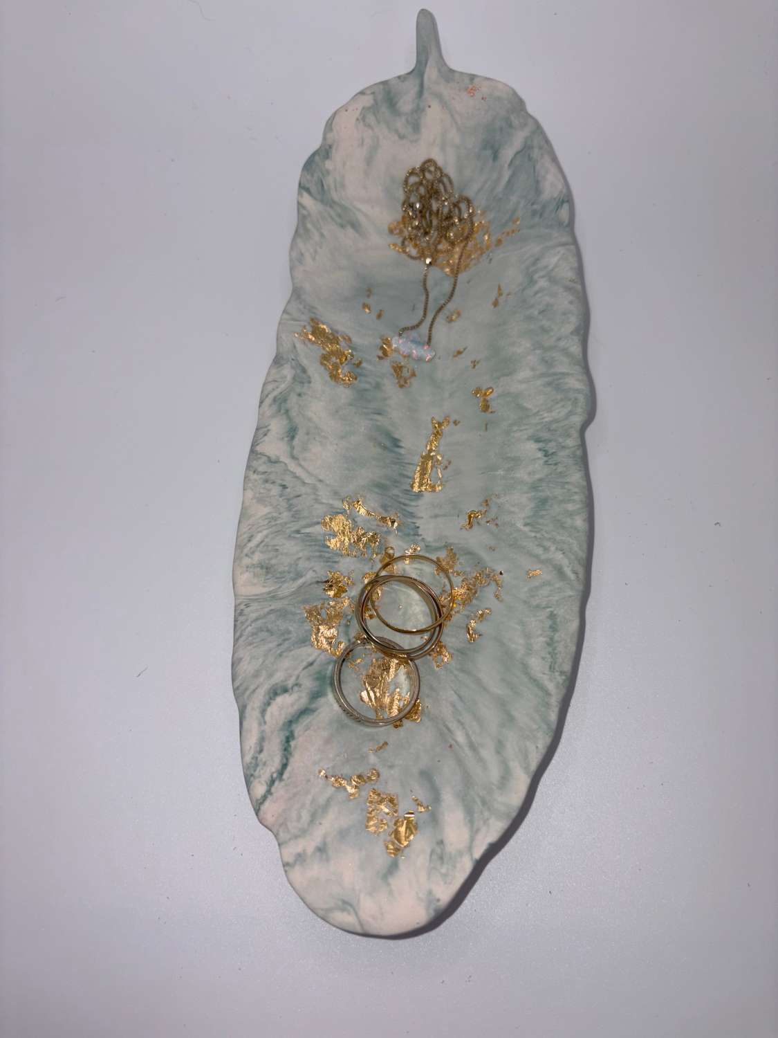 Feather Ornament, Zen Green Marble & Gold Leaf Jesmonite, Sculptural Shelf Decor Feather Ornament, Zen Green Marble & Gold Leaf Jesmonite, Sculptural Shelf Decor