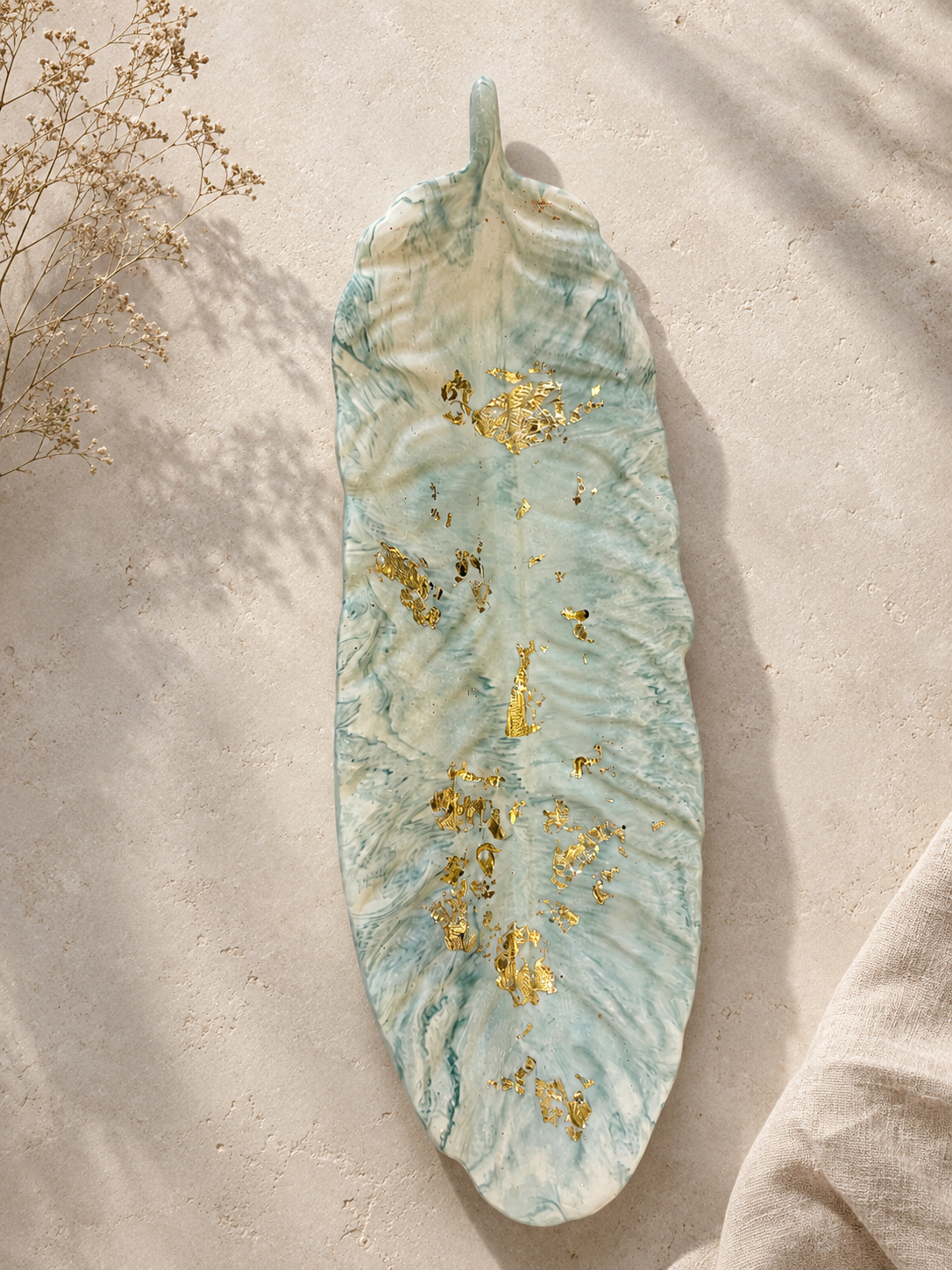 Feather Ornament, Zen Green Marble & Gold Leaf Jesmonite, Sculptural Shelf Decor Feather Ornament, Zen Green Marble & Gold Leaf Jesmonite, Sculptural Shelf Decor