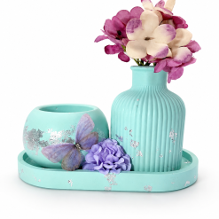 Tray, Vase & Tealight Holder Set, Light Green & Silver Leaf Jesmonite, Home Decor Trio