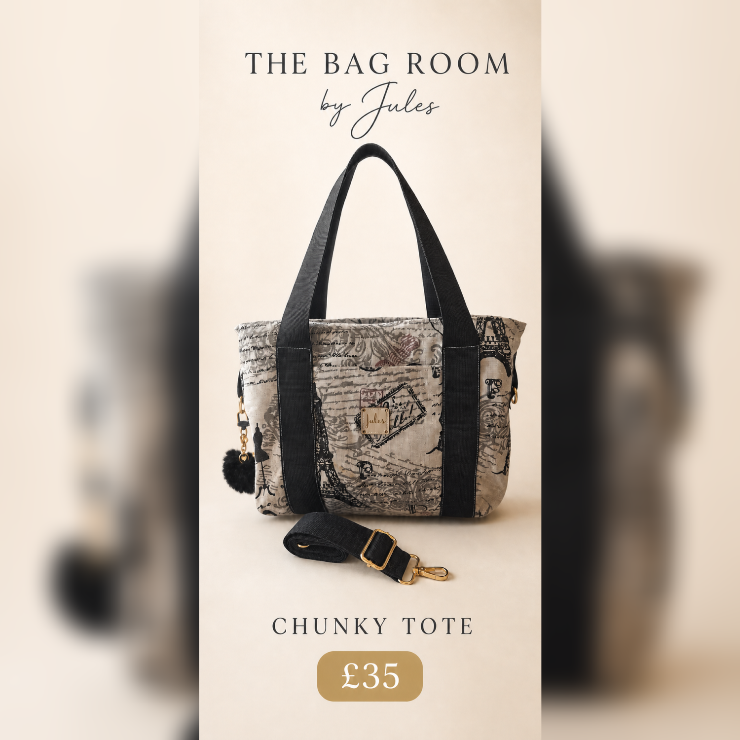 Chunky Tote Bag in Paris Theme Fabric Chunky Tote Bag in Paris Theme Fabric