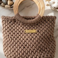 Brown crochet handbag with wooden handles