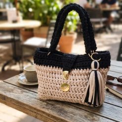 Cream and black tshirt yarn crochet handbag