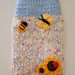 Hand Knitted Floral Meadow Dog Jumper Sunflowers, Ladybird, Bumblebee and Butterfly length 14"
