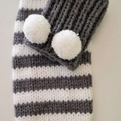 Hand Knitted Dog Jumper and Pom Pom Snood Length 14" Grey and White Stripes