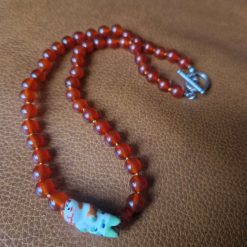 Handmade Natural Dyed Carnelian Beads with Ceramic Cat Bead