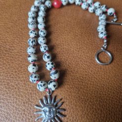 Handmade Dalmation Jasper beaded necklace with Stainless Steel Sunshine Pendant