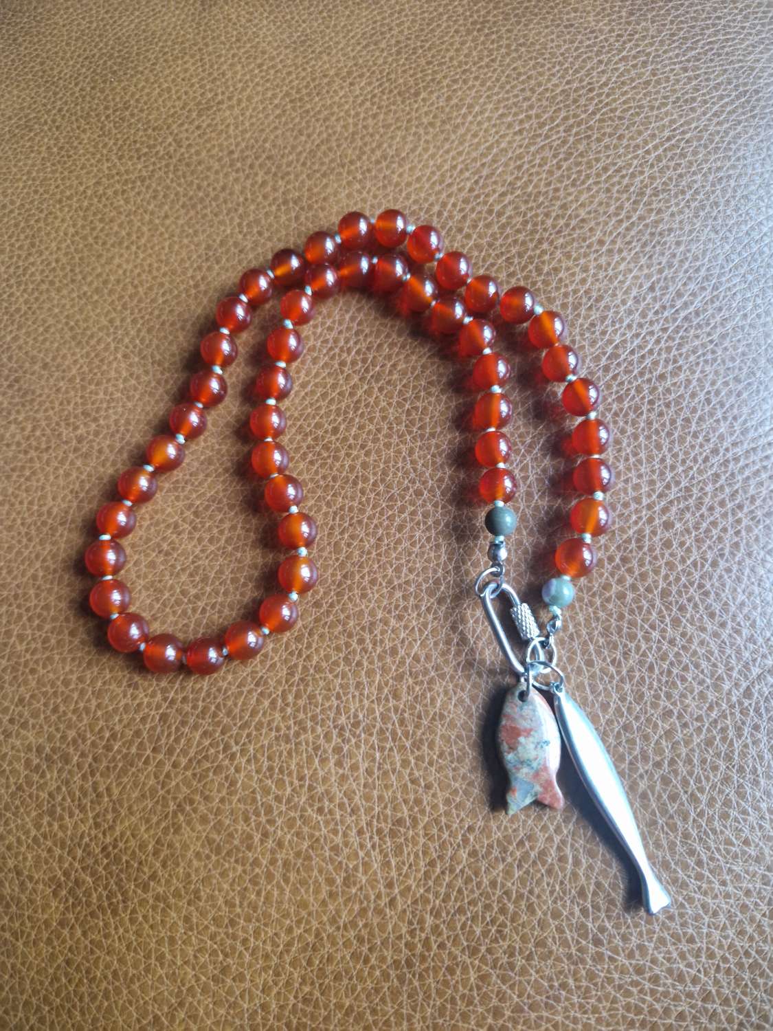 Handmade Natural Dyed Carnelian & Peace Beads with Unakite Fish & Stainless Steel Fish Pendants Handmade Natural Dyed Carnelian & Peace Beads with Unakite Fish & Stainless Steel Fish Pendants