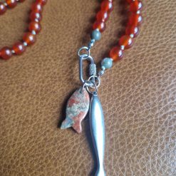 Handmade Natural Dyed Carnelian & Peace Beads with Unakite Fish & Stainless Steel Fish Pendants 2 Handmade Natural Dyed Carnelian & Peace Beads with Unakite Fish & Stainless Steel Fish Pendants 2