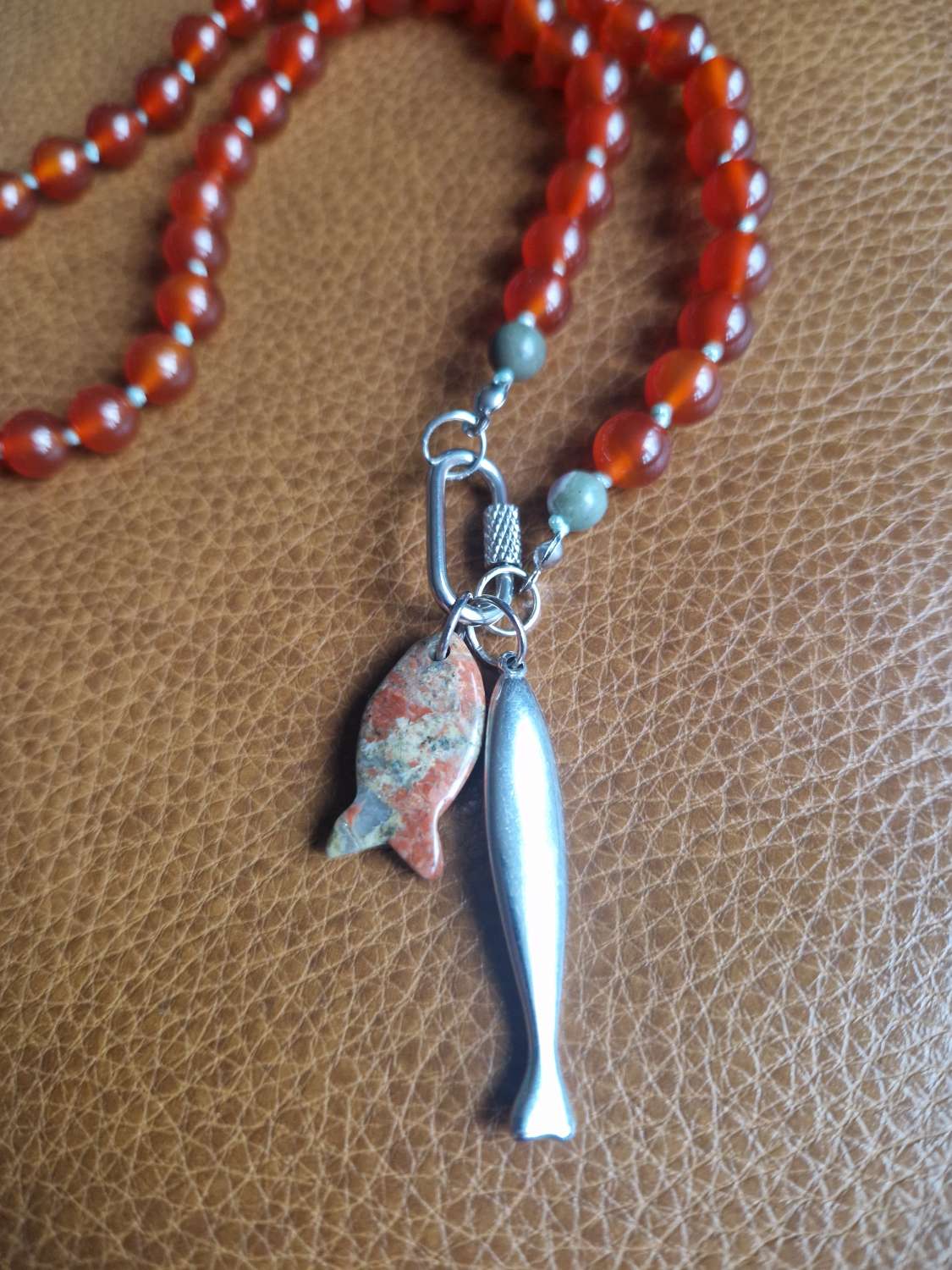Handmade Natural Dyed Carnelian & Peace Beads with Unakite Fish & Stainless Steel Fish Pendants Handmade Natural Dyed Carnelian & Peace Beads with Unakite Fish & Stainless Steel Fish Pendants