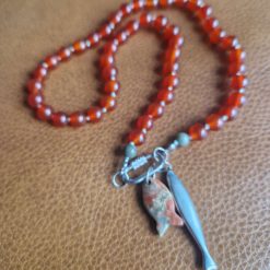 Handmade Natural Dyed Carnelian & Peace Beads with Unakite Fish & Stainless Steel Fish Pendants 3 Handmade Natural Dyed Carnelian & Peace Beads with Unakite Fish & Stainless Steel Fish Pendants 3