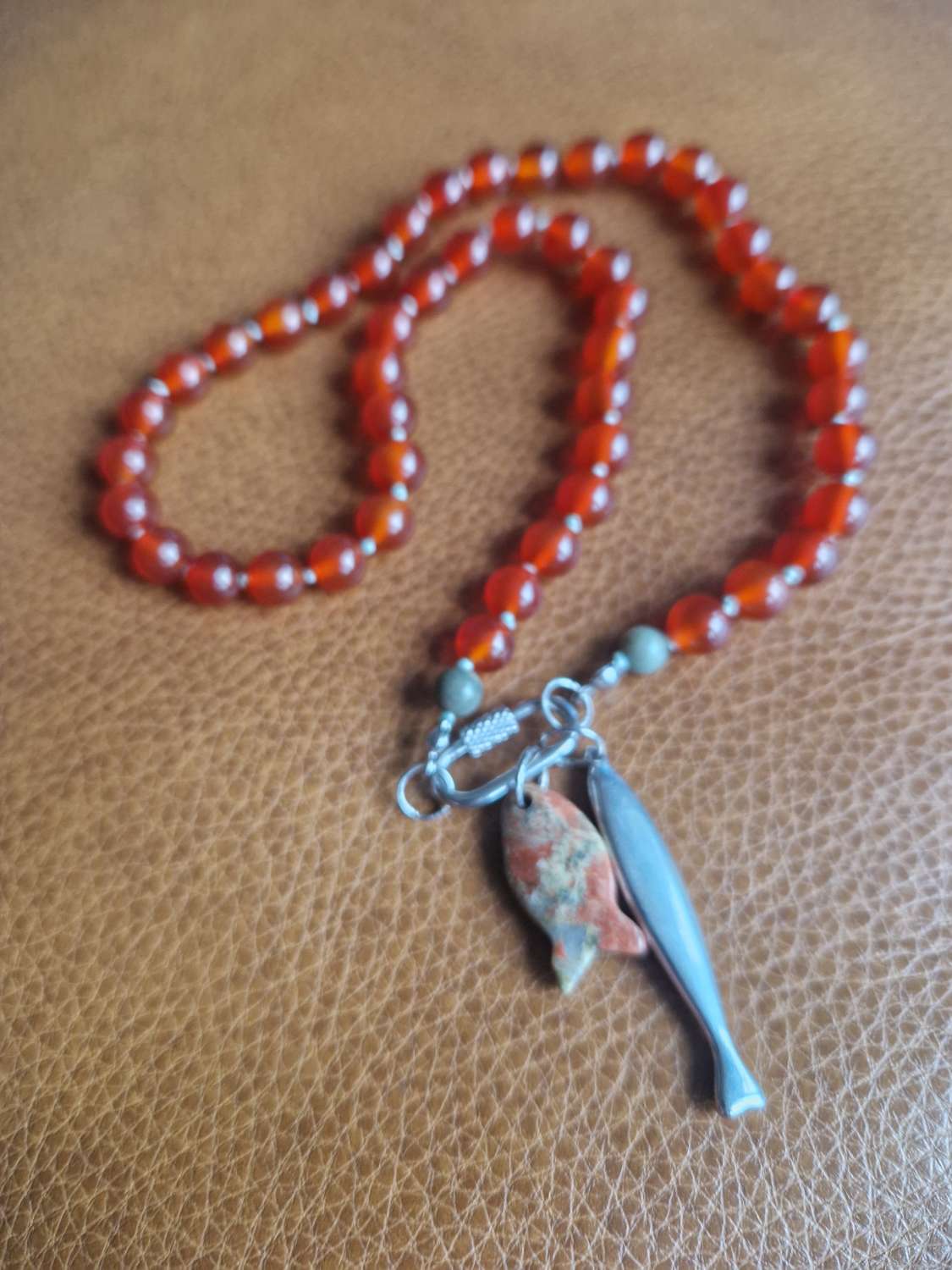 Handmade Natural Dyed Carnelian & Peace Beads with Unakite Fish & Stainless Steel Fish Pendants Handmade Natural Dyed Carnelian & Peace Beads with Unakite Fish & Stainless Steel Fish Pendants