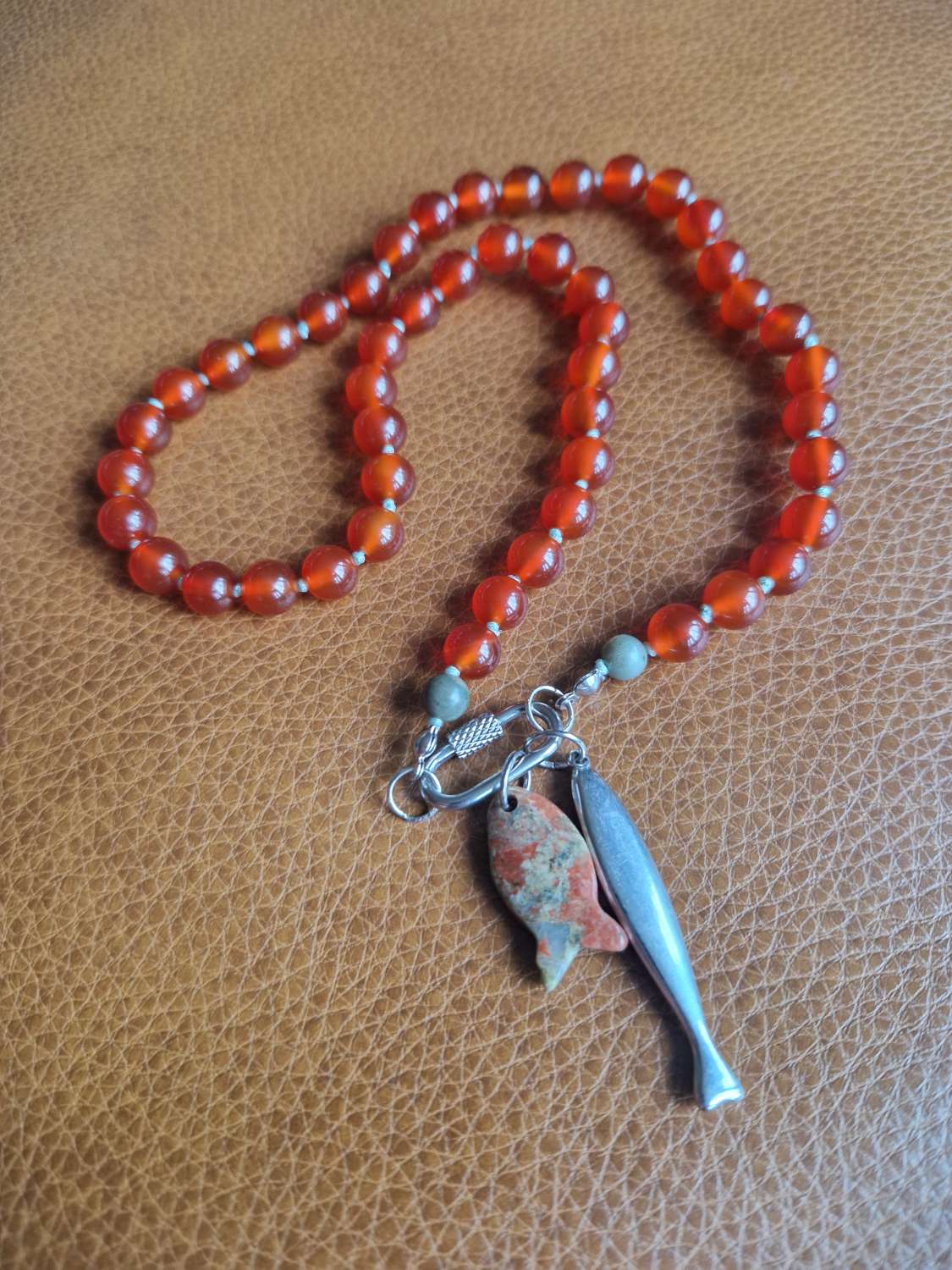 Handmade Natural Dyed Carnelian & Peace Beads with Unakite Fish & Stainless Steel Fish Pendants Handmade Natural Dyed Carnelian & Peace Beads with Unakite Fish & Stainless Steel Fish Pendants