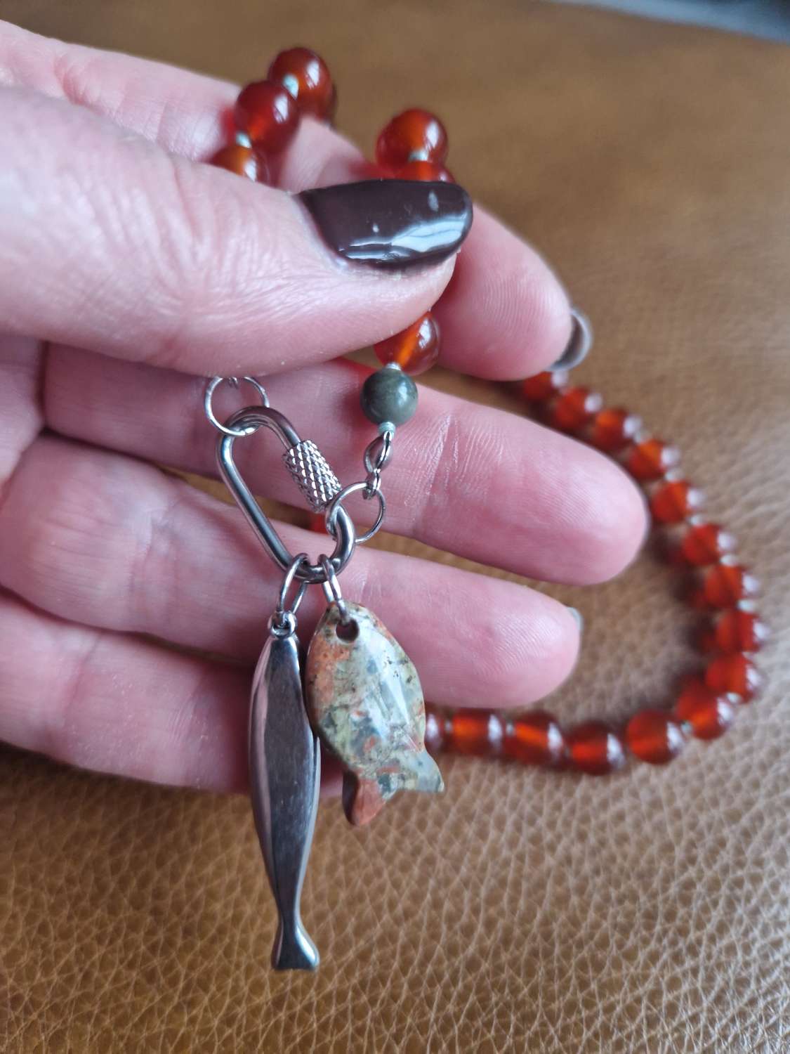 Handmade Natural Dyed Carnelian & Peace Beads with Unakite Fish & Stainless Steel Fish Pendants Handmade Natural Dyed Carnelian & Peace Beads with Unakite Fish & Stainless Steel Fish Pendants