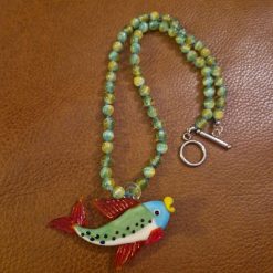 Handmade Green Selenite beaded necklace with Glass Lampwork Fish Pendant