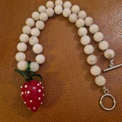 Handmade Natural White Jade beaded necklace with Glass Lampwork Strawberry Pendant