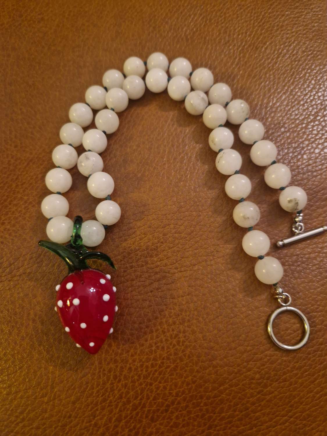 Handmade Natural White Jade beaded necklace with Glass Lampwork Strawberry Pendant Handmade Natural White Jade beaded necklace with Glass Lampwork Strawberry Pendant