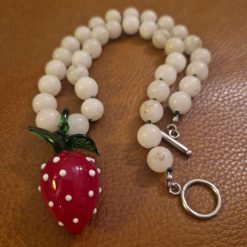 Handmade Natural White Jade beaded necklace with Glass Lampwork Strawberry Pendant 3 Handmade Natural White Jade beaded necklace with Glass Lampwork Strawberry Pendant 3