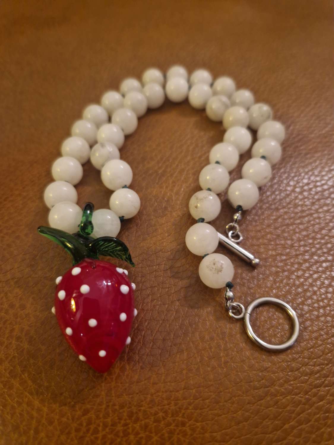 Handmade Natural White Jade beaded necklace with Glass Lampwork Strawberry Pendant Handmade Natural White Jade beaded necklace with Glass Lampwork Strawberry Pendant
