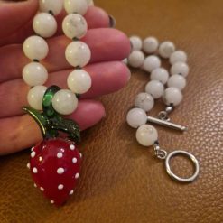 Handmade Natural White Jade beaded necklace with Glass Lampwork Strawberry Pendant 1 Handmade Natural White Jade beaded necklace with Glass Lampwork Strawberry Pendant 1