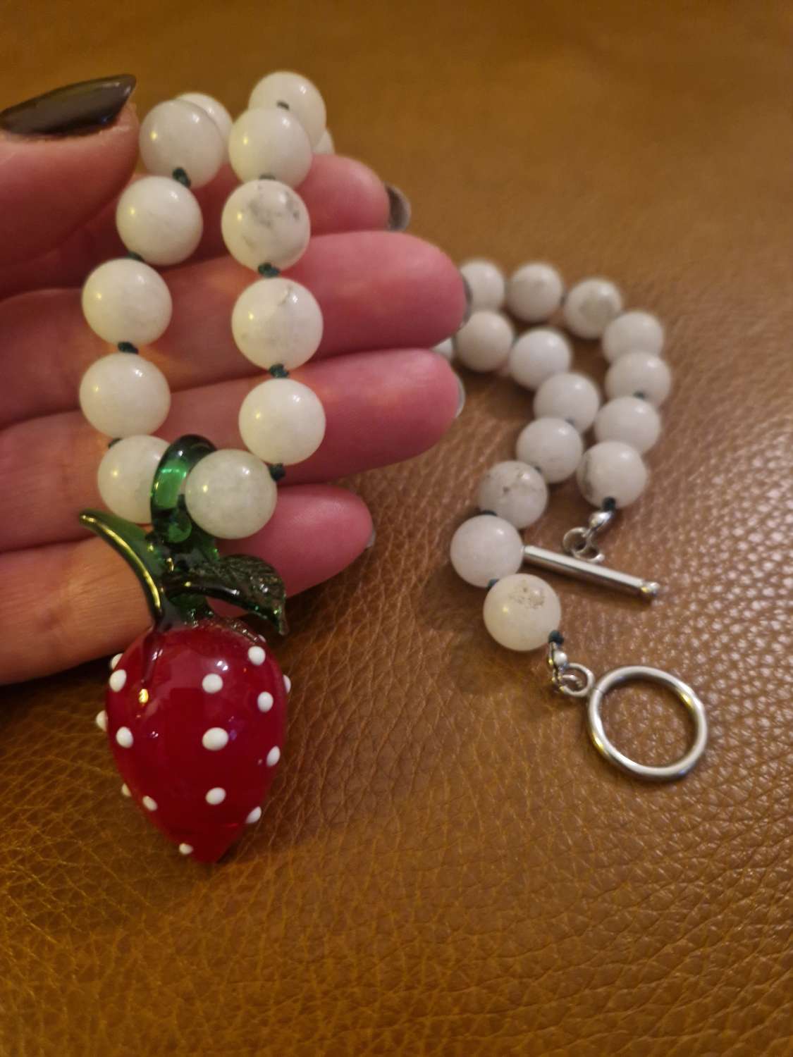 Handmade Natural White Jade beaded necklace with Glass Lampwork Strawberry Pendant Handmade Natural White Jade beaded necklace with Glass Lampwork Strawberry Pendant