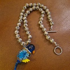 Handmade Dalmation Jasper beaded necklace with Lampwork Glass Parrot Pendant
