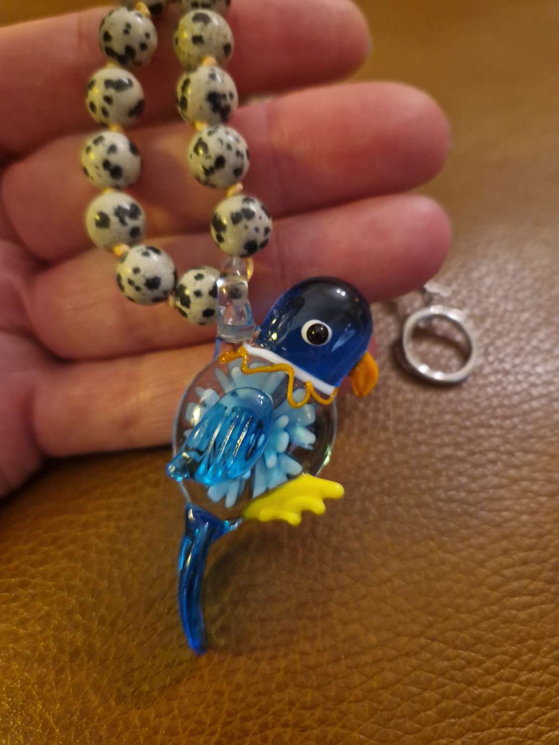 Handmade Dalmation Jasper beaded necklace with Lampwork Glass Parrot Pendant Handmade Dalmation Jasper beaded necklace with Lampwork Glass Parrot Pendant