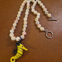 Handmade White with colourful speckles Lampwork beaded necklace with Glass Lampwork Seahorse Pendant