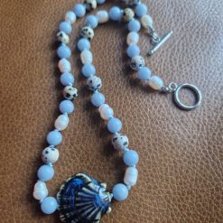 Handmade Dalmation Jasper, Faux Pearls & Angelite beaded necklace with Ceramic Shell