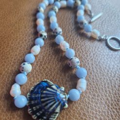 Handmade Dalmation Jasper, Faux Pearls & Angelite beaded necklace with Ceramic Shell 2 Handmade Dalmation Jasper, Faux Pearls & Angelite beaded necklace with Ceramic Shell 2