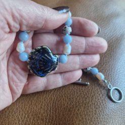 Handmade Dalmation Jasper, Faux Pearls & Angelite beaded necklace with Ceramic Shell 1 Handmade Dalmation Jasper, Faux Pearls & Angelite beaded necklace with Ceramic Shell 1