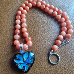 Handmade Natural Dyed Peach Malaysian Jade Beaded Necklace with Black and Blue Floral Glass Heart Pendant