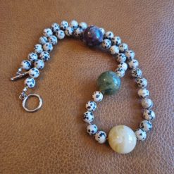 Handmade Dalmation Jasper beaded necklace with Three Large Imitation Gemstone Beads.