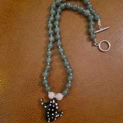 Handmade Natural Dyed Green Malaysian Jade & Rose Quartz Beads with Glass Lampwork Cactus Pendant