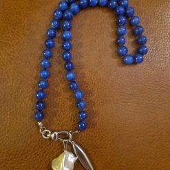 Handmade Natural Dyed Blue Malaysian Jade Beads with Baroque Keshi Pearl and Simple Stainless Steel Fish Pendant