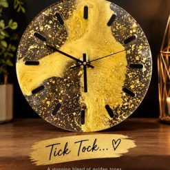 Clear Resin & Gold Leaf River Clock – Black Silent Hands