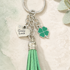 Keyring - Green Tassel, Clover Charm and Heart Shaped Good Luck Charm keychain