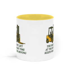 The Right Lift at the Right Time Keeps Work Moving Forklift Coffee Mug - Yellow and White 2