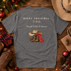 Merry Christmas Y'all T Shirt – Western Christmas Tee – Jingle Bells & Spurs – Country Christmas Gift