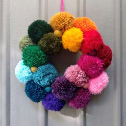 Wool Pompom Wreath, Rainbow Colours, Maximalism Interiors, Eclectic Bohemian Decor, 40cm.