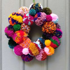 Wool Pompom Wreath, Mixed Colours, Maximalism Interiors, Eclectic Bohemian Decor, 40cm.