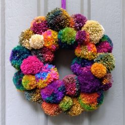 Wool Pompom Wreath, Mixed Colours, Maximalism Interiors, Eclectic Bohemian Decor, 40cm.