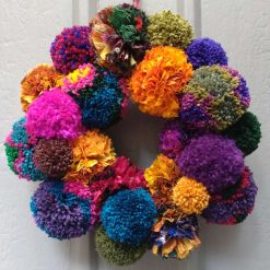 Wool and Sari Silk Pompom Wreath, Mixed Colours, Maximalism Interiors, Eclectic Bohemian Decor, 40cm.