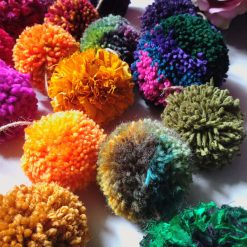 Wool and Sari Silk Pompom Garland, Mixed Colours, Eclectic Bohemian Interiors, Maximalism Decor.
