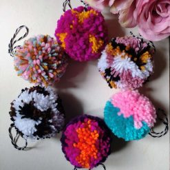 Pompom Baubles, Set of 6, Multicoloured, Eclectic Bohemian Decor, Playful Christmas.