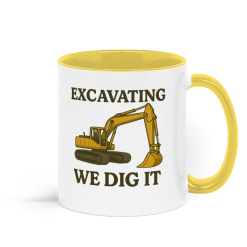 Excavating, We Dig It 360 degree Excavator Coffee Mug - Yellow and White 1