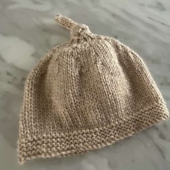 Hand knitted Beige Wool Beanie Hat with Top Knot New-born Unisex Baby & Toddler