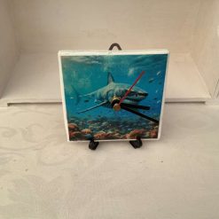 DECOUPAGED TILE MADE INTO A CLOCK WITH A IMAGE OF A SHARK 1 DECOUPAGED TILE MADE INTO A CLOCK WITH A IMAGE OF A SHARK 1