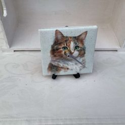 DECOUPAGED TILE MADE INTO A CLOCK WITH A IMAGE OF A CAT 2